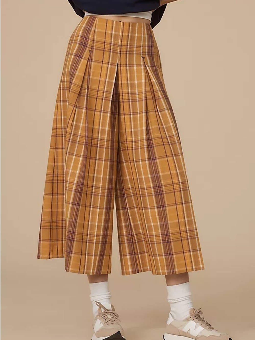 Maeve Mustard Plaid Wide-Leg Cropped Pants